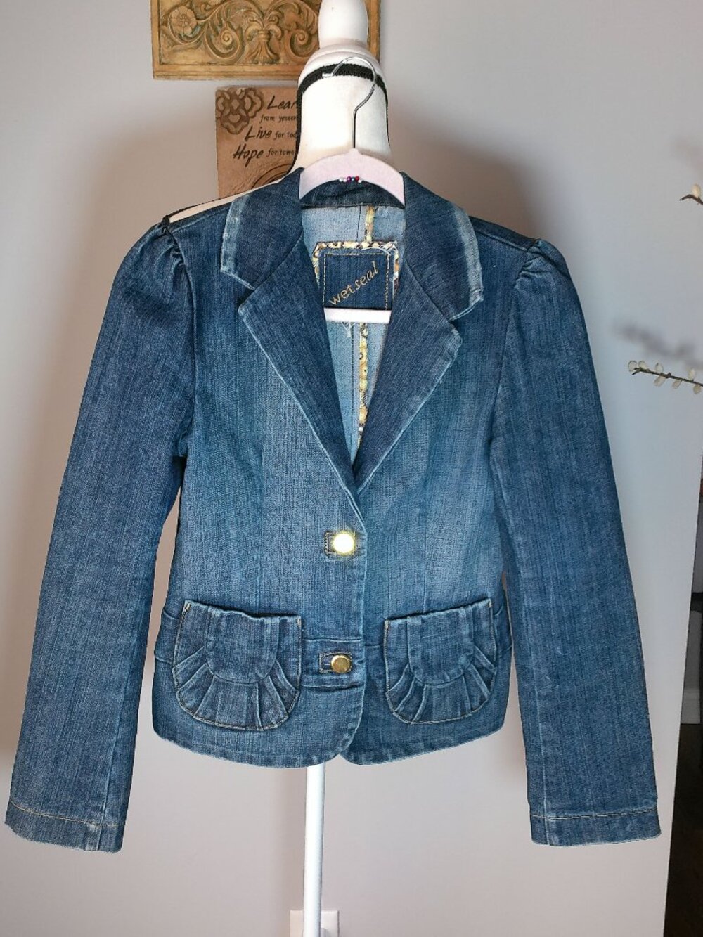 WET SEAL Long Sleeve (2) Button-Up Front Dark Wash Blue Denim Jacket M